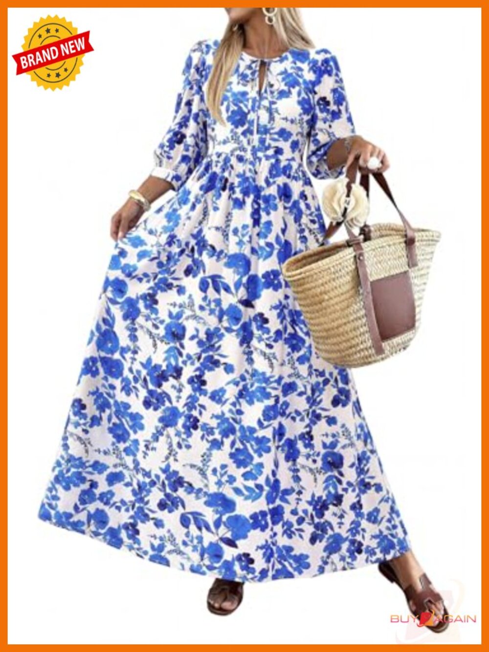 KIRUNDO Women's Floral Maxi Dress 3/4 Sleeve Viscose Polyamide Casual